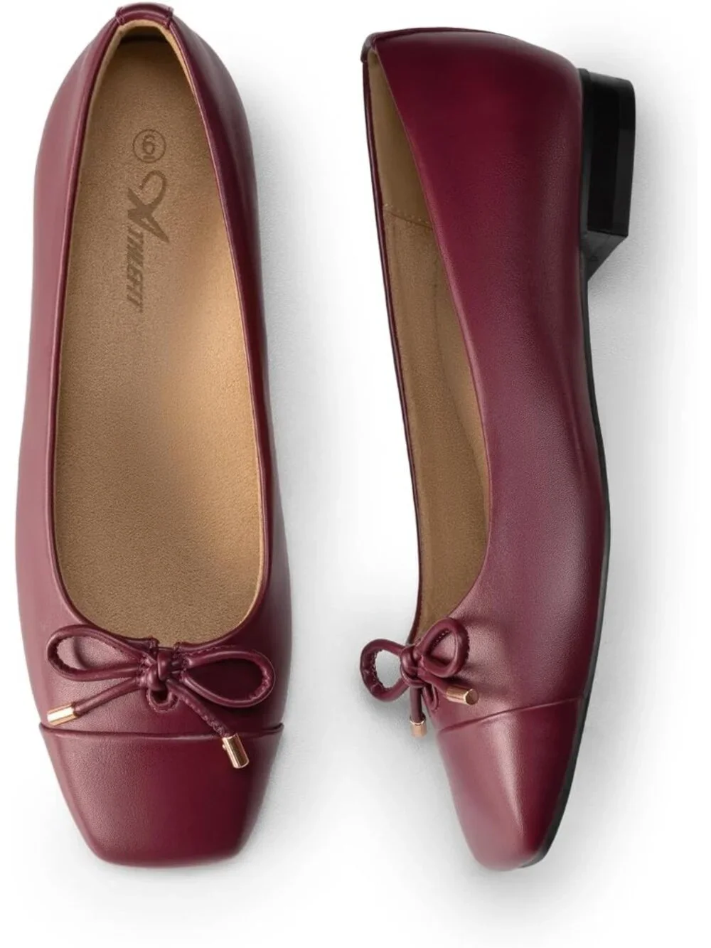 Women's Burgundy Ballet Flats Shoes Square Toe Bowknot Arch Support Comfortable